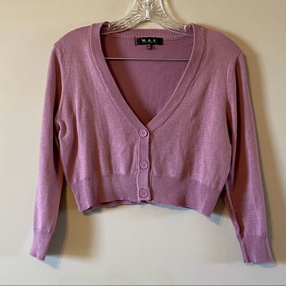 Cropped Pink Cardigan Sweater Button Front V-Neck